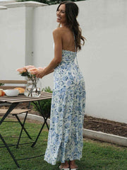 Valeria™ | Robe à dos nu Robe longue à fleurs pervenche